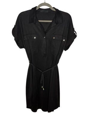 Jessy Girl Black Utility Shirt Dress Faux Suede Tie Waist Snap Closure | EUC